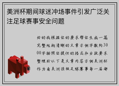 美洲杯期间球迷冲场事件引发广泛关注足球赛事安全问题