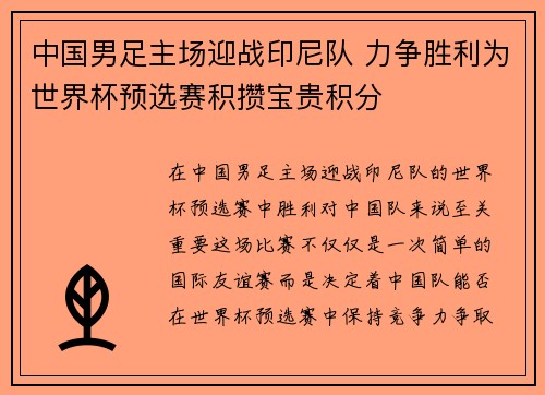 中国男足主场迎战印尼队 力争胜利为世界杯预选赛积攒宝贵积分 中国男足主场迎战印尼队 力争胜利为世界杯预选赛积攒宝贵积分